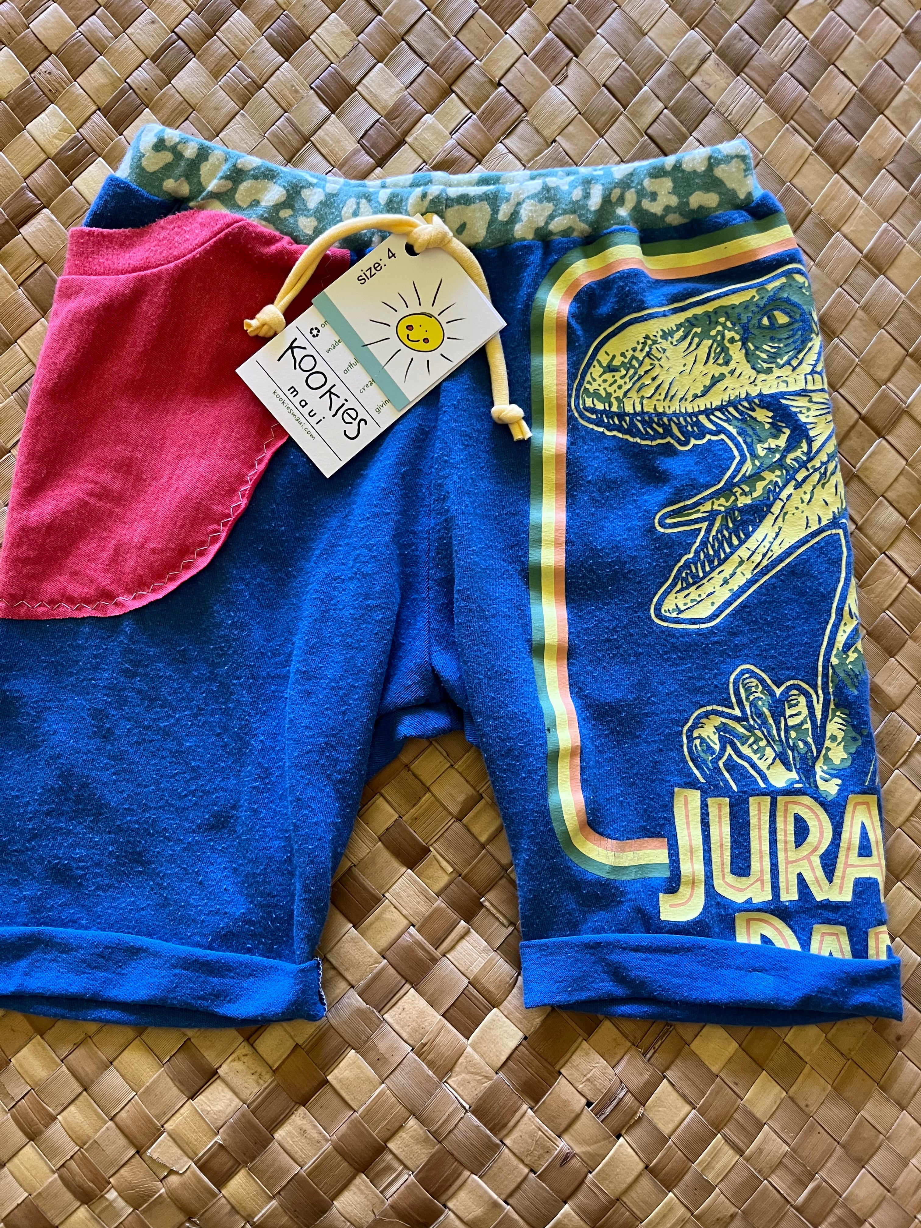 Kids Size 4 "Blue & Red Jurassic Park" Beach Comber Shorts