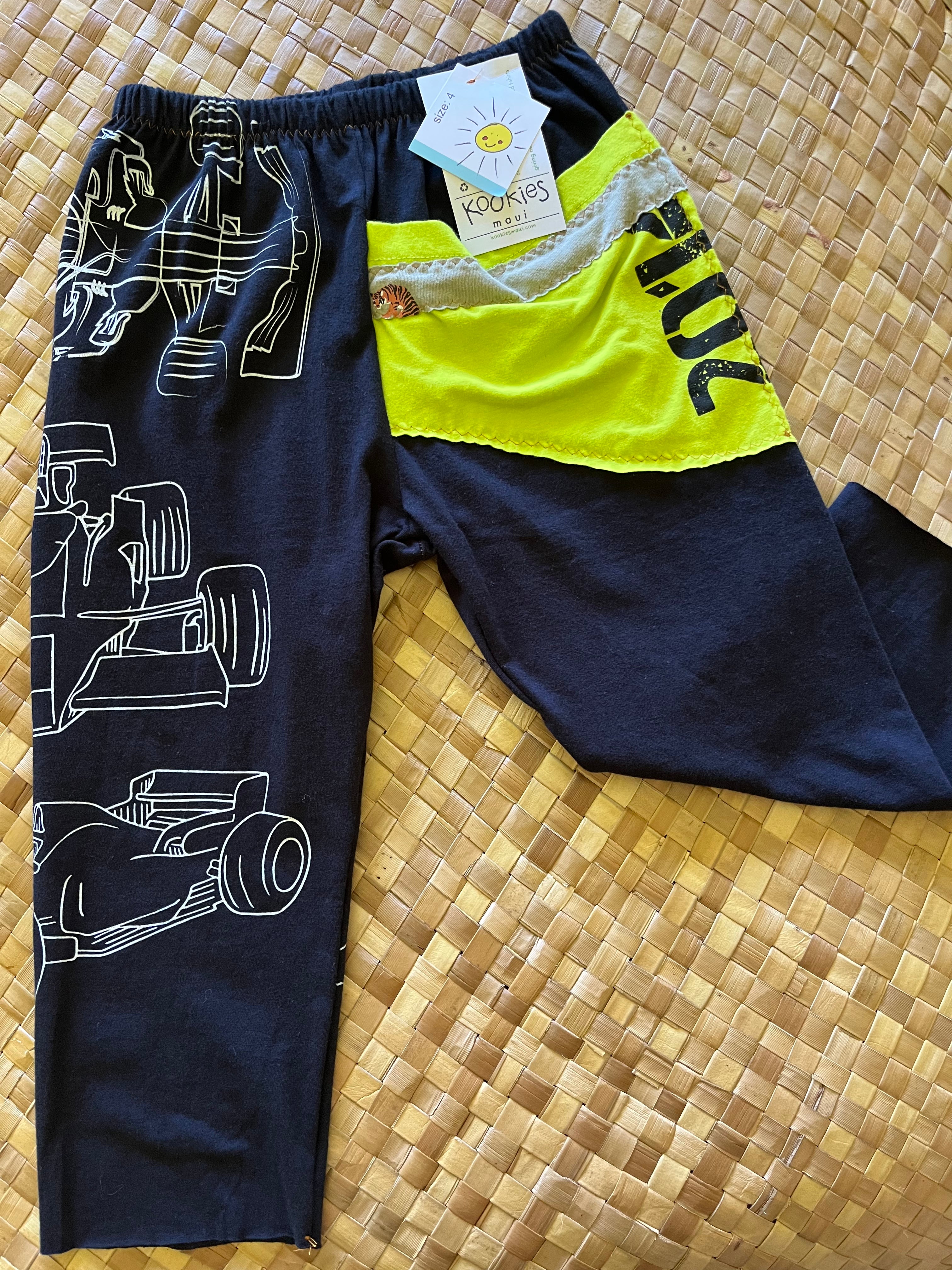 Kids Size 4 "Neon Yellow & Black Cars" ʻOpihi Picker Pants