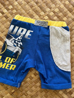 Load image into Gallery viewer, Kids Size 2 &quot;Blue &amp; Yellow Race Car&quot; Beach Comber Shorts
