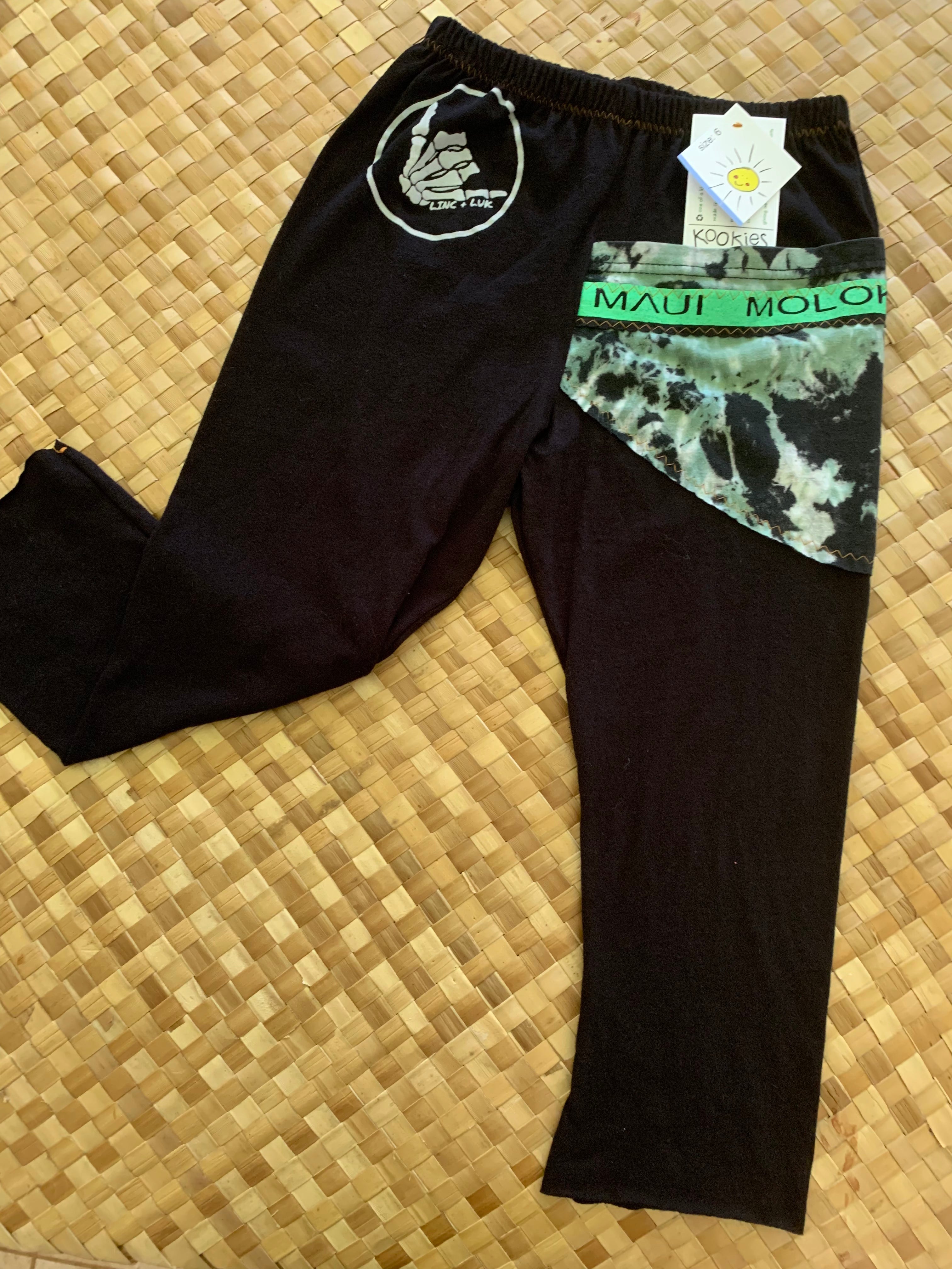 Kids Size 6 "Black & Green Shaka Islands" ʻOpihi Picker Pants