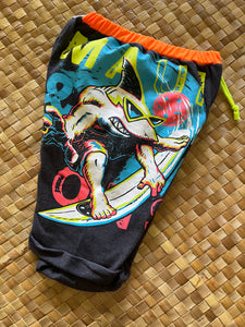 Kids Size 6 "Charcoal & Yellow Surfing Shark" Beach Comber Shorts