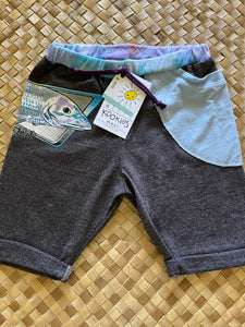 Kids Size 4 "Grey and Blue Oʻio Fishing" Beach Comber Shorts