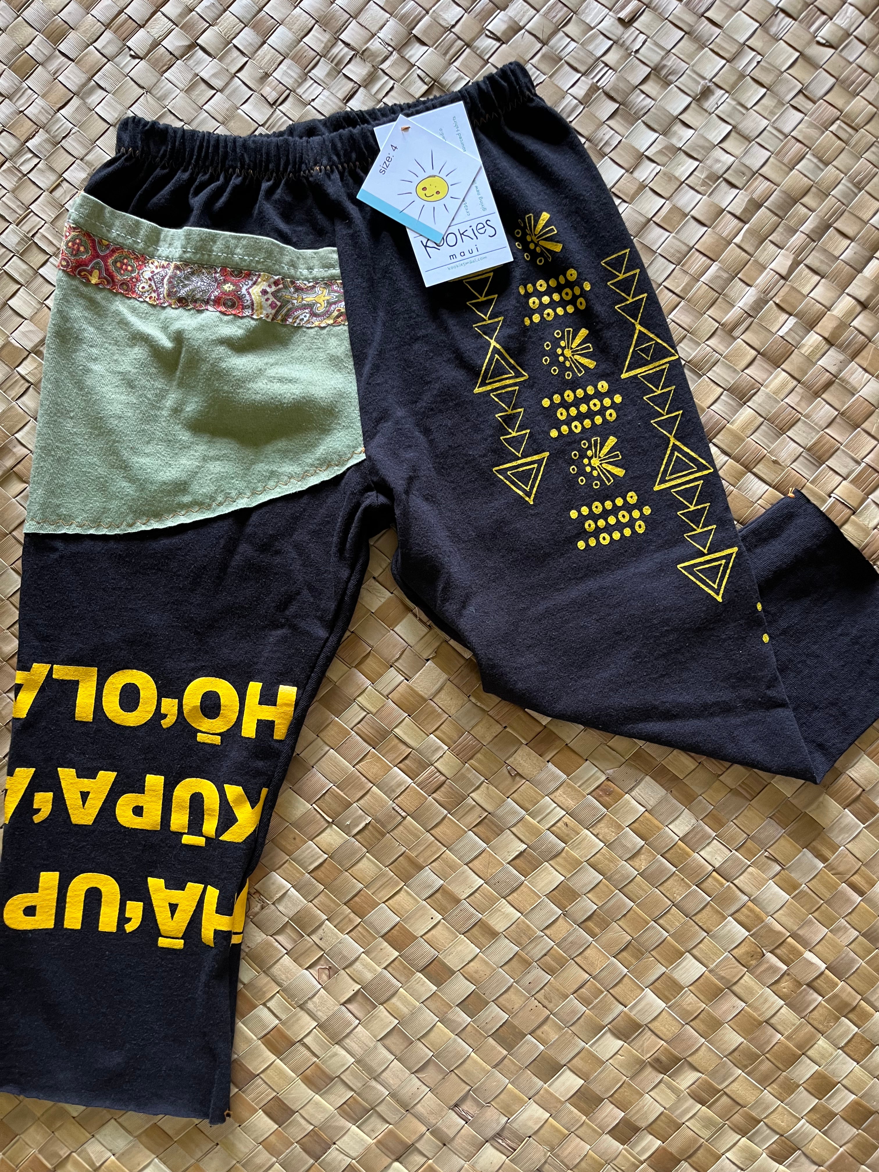 Kids Size 4 "Black & Yellow Olelo" ʻOpihi Picker Pants