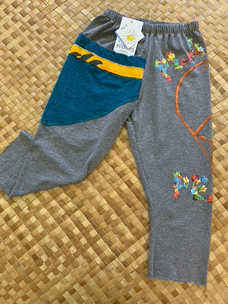 Kids Size 6 "Grey & Flowers Peace" ʻOpihi Picker Pants