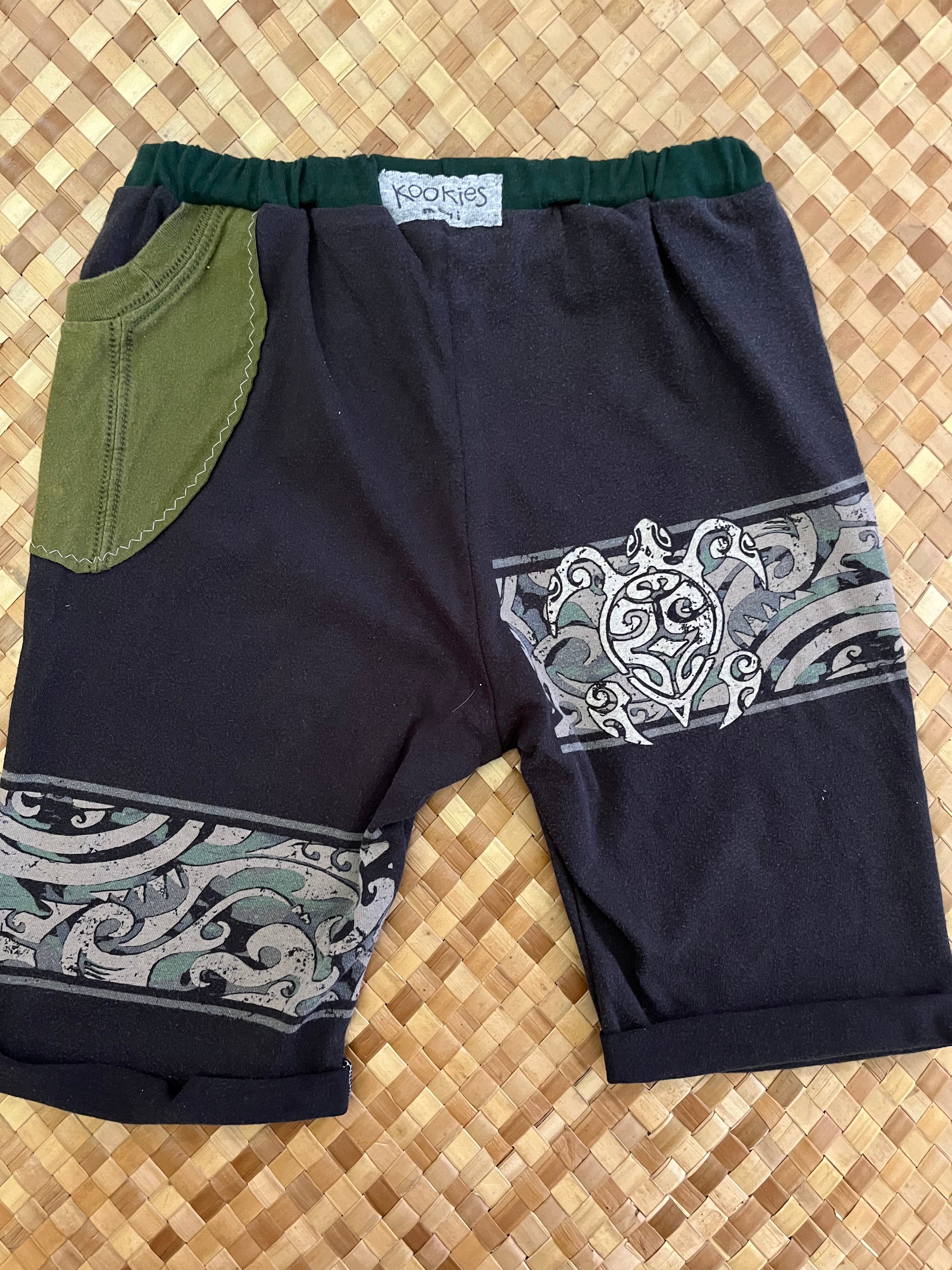 Kids Size 12 "Green & Black Tribal Honu" Beach Comber Shorts