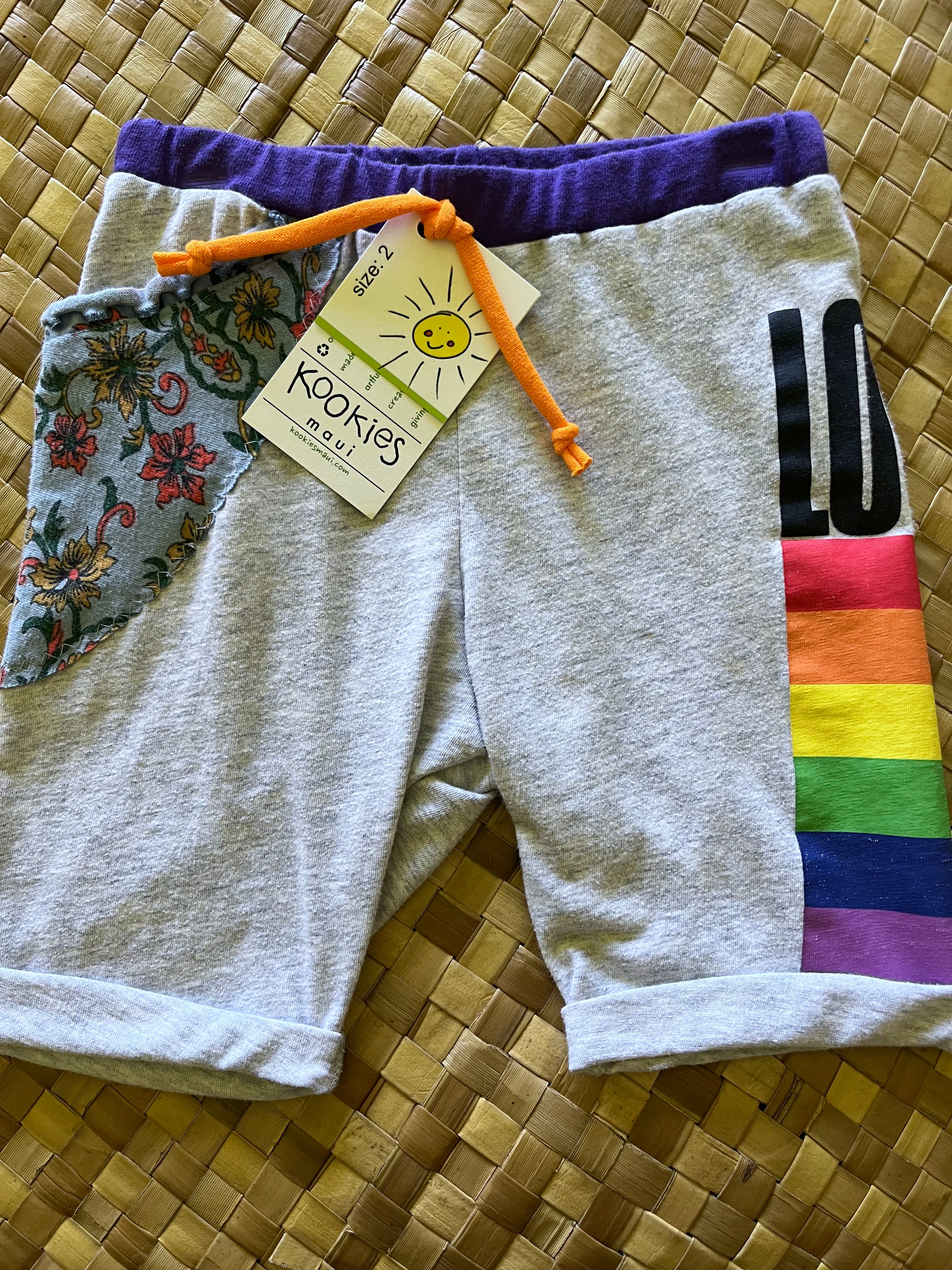 Kids Size 2 "Floral & Grey LOVE" Beach Comber Shorts