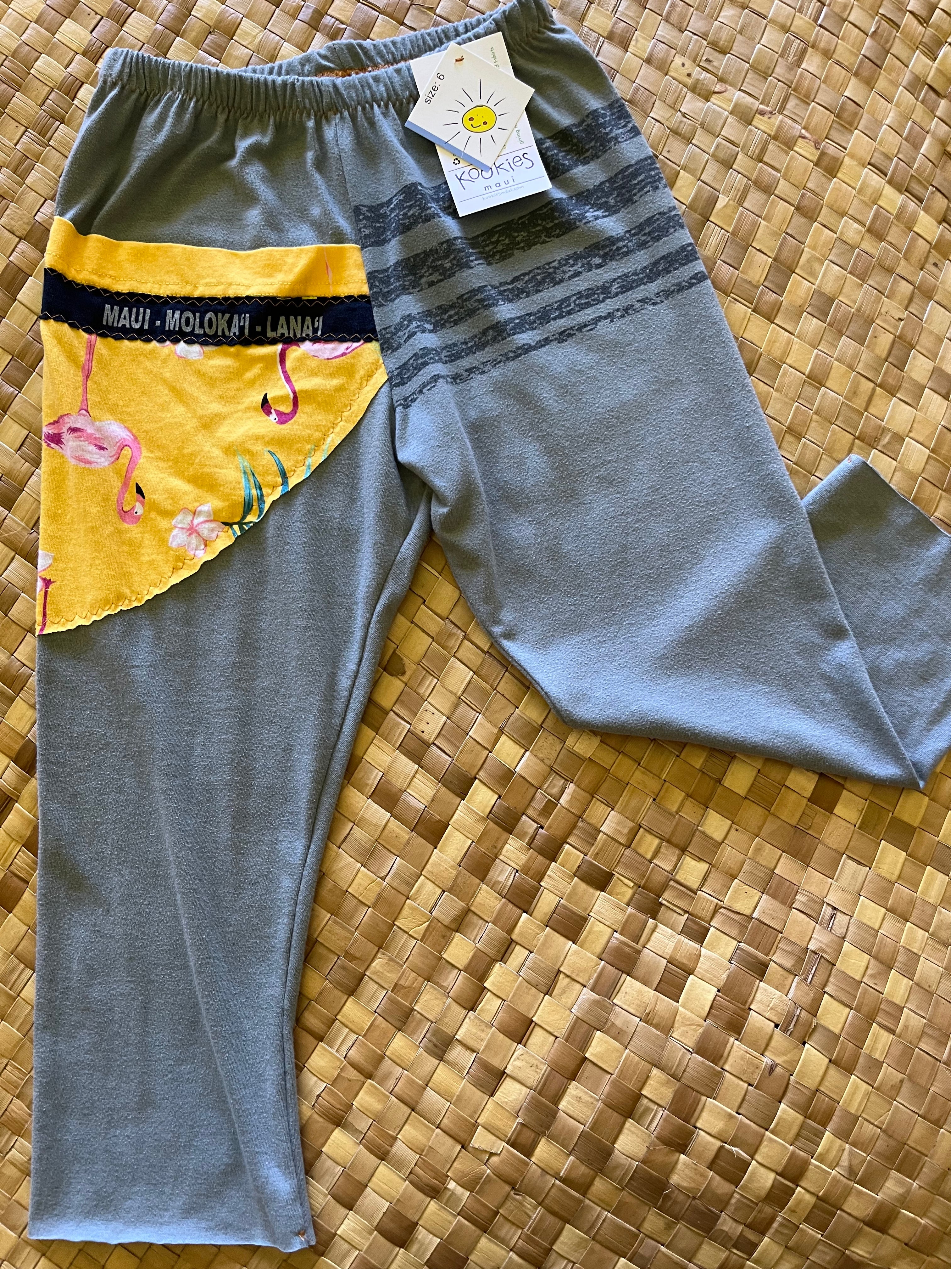 Kids Size 6 "Slate Blue & Yellow Hawaiian Flamingos" ʻOpihi Picker Pants