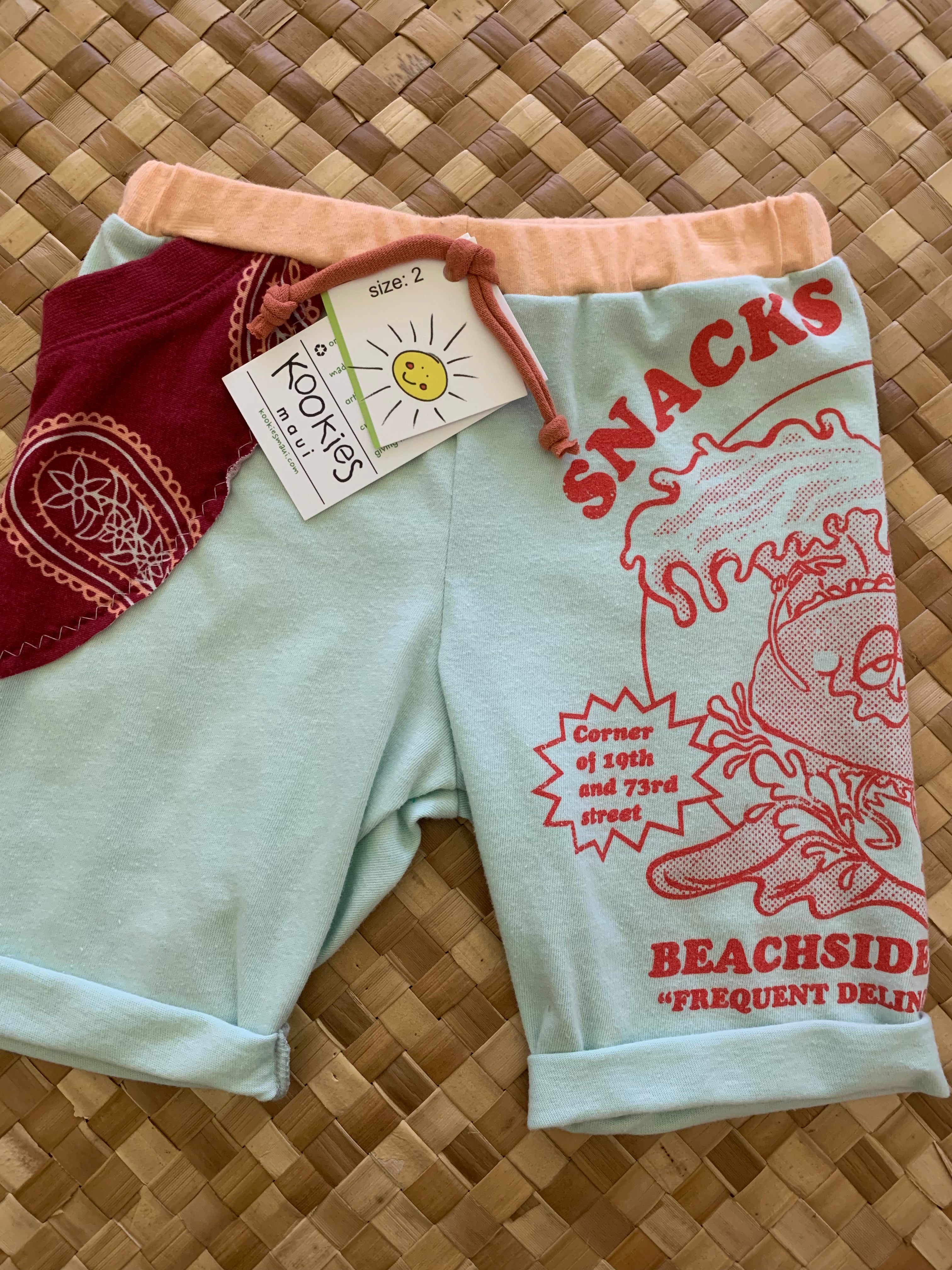 Kids Size 2 "Light Teal & Maroon Surfing Taco" Beach Comber Shorts