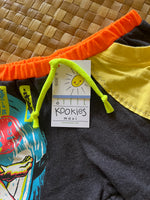 Load image into Gallery viewer, Kids Size 6 &quot;Charcoal &amp; Yellow Surfing Shark&quot; Beach Comber Shorts
