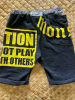 Load image into Gallery viewer, Kids Size 8 &quot;Black &amp; Yellow Does Not Play Well With Others&quot; Beach Comber Shorts
