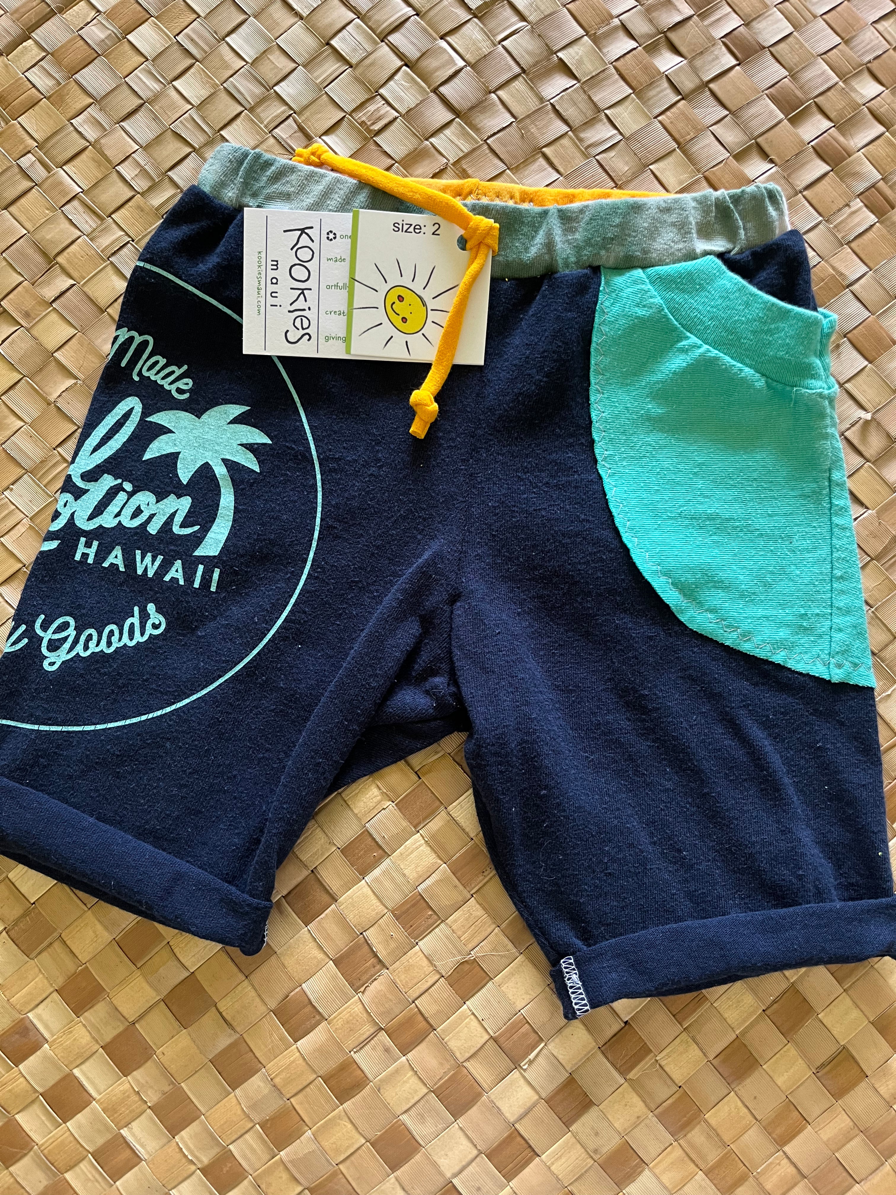 Kids Size 2 "Teal and Blue Aloha Made" Beach Comber Shorts