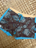 Load image into Gallery viewer, Ladies Size S &quot;Teal &amp; Brown Fish and Figures&quot; Simple Shorty Shorts
