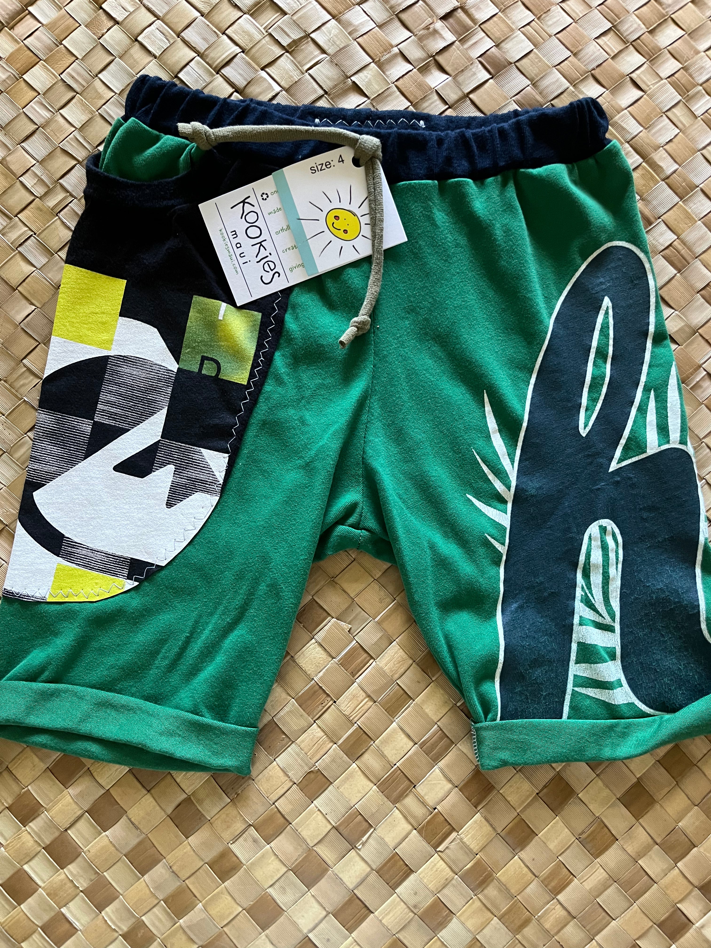 Kids Size 4 "Green Hawaiian Islands & Surf" Beach Comber Shorts