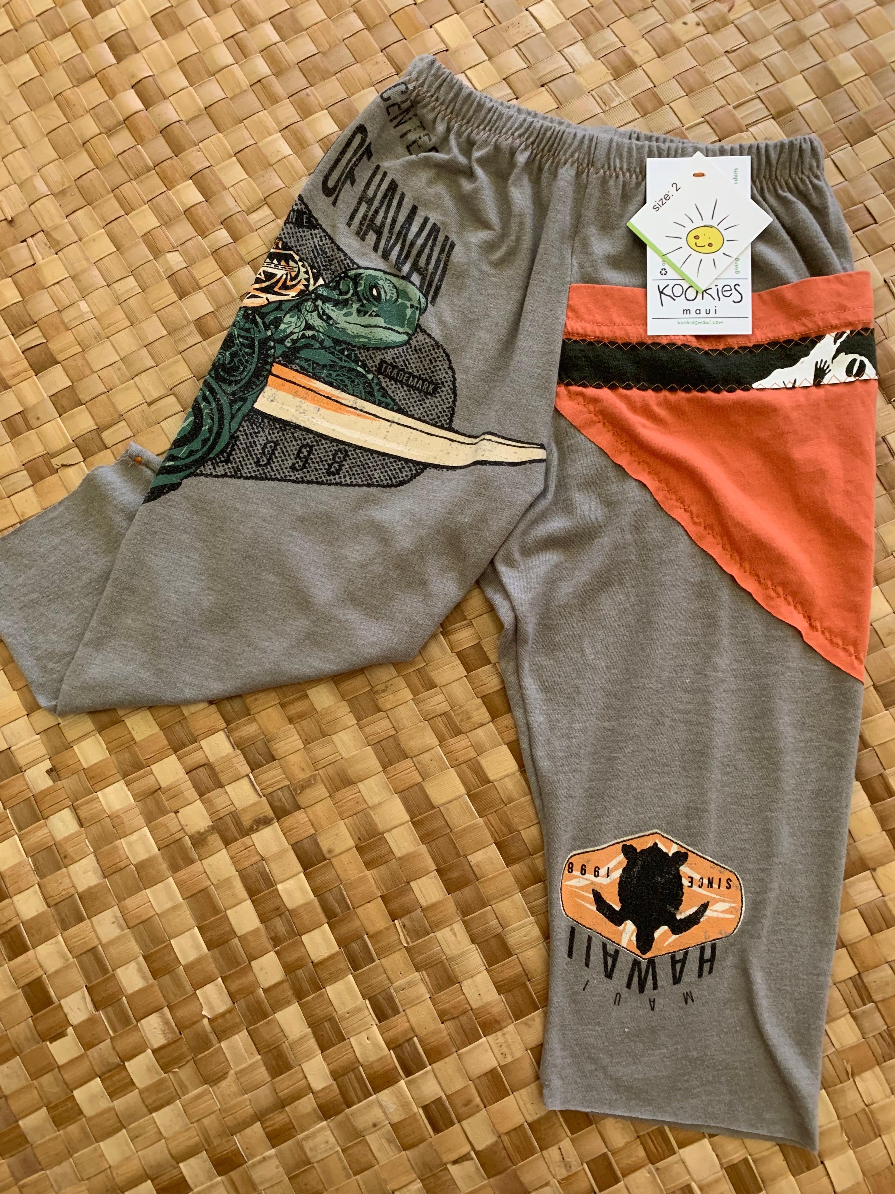 Kids Size 2 "Grey & Salmon Turtle Surfing" ʻOpihi Picker Pants