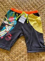 Load image into Gallery viewer, Kids Size 6 &quot;Charcoal &amp; Yellow Surfing Shark&quot; Beach Comber Shorts
