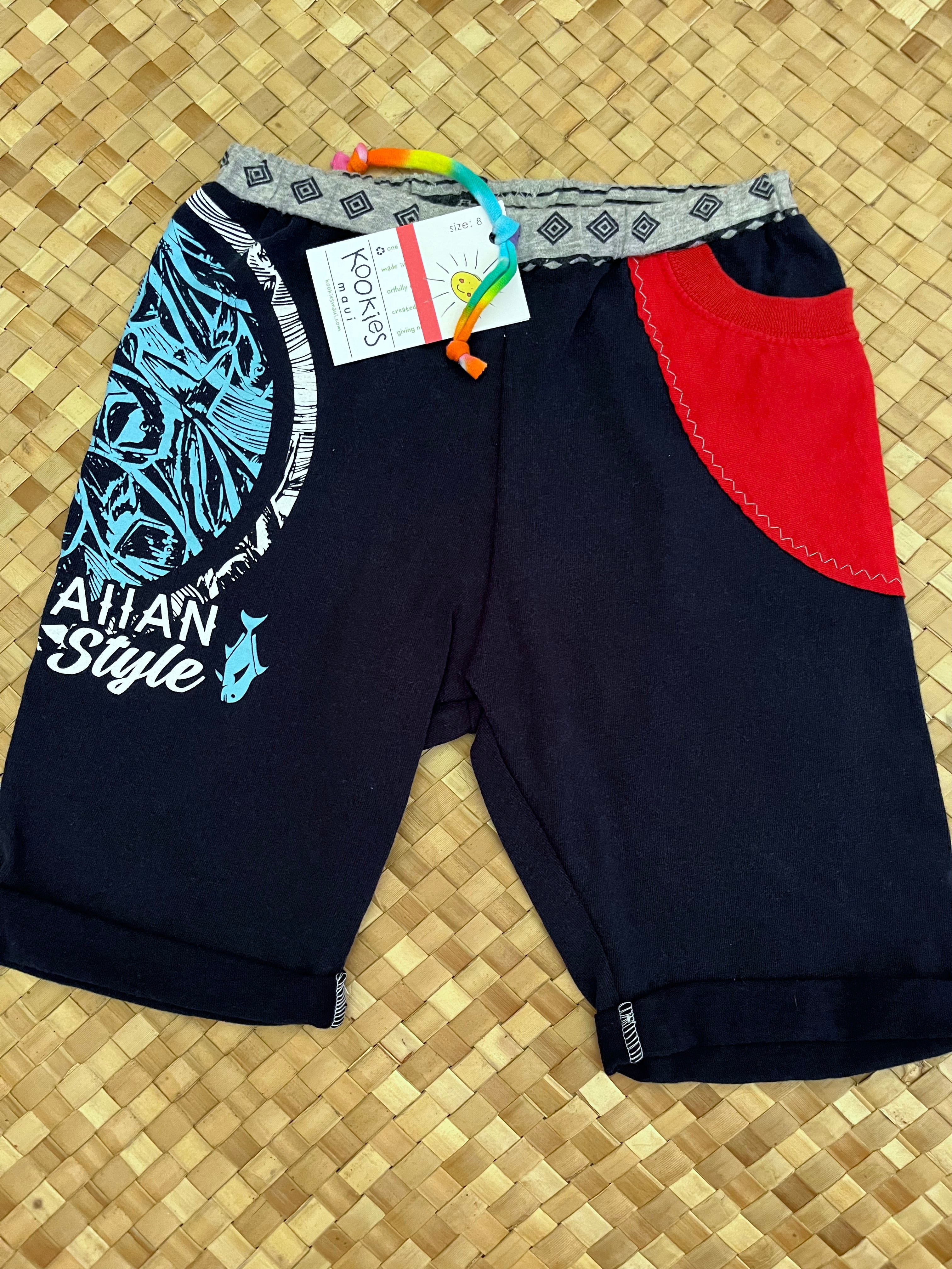 Kids Size 8 "Navy & Red Hawaiian Style Fishing" Beach Comber Shorts