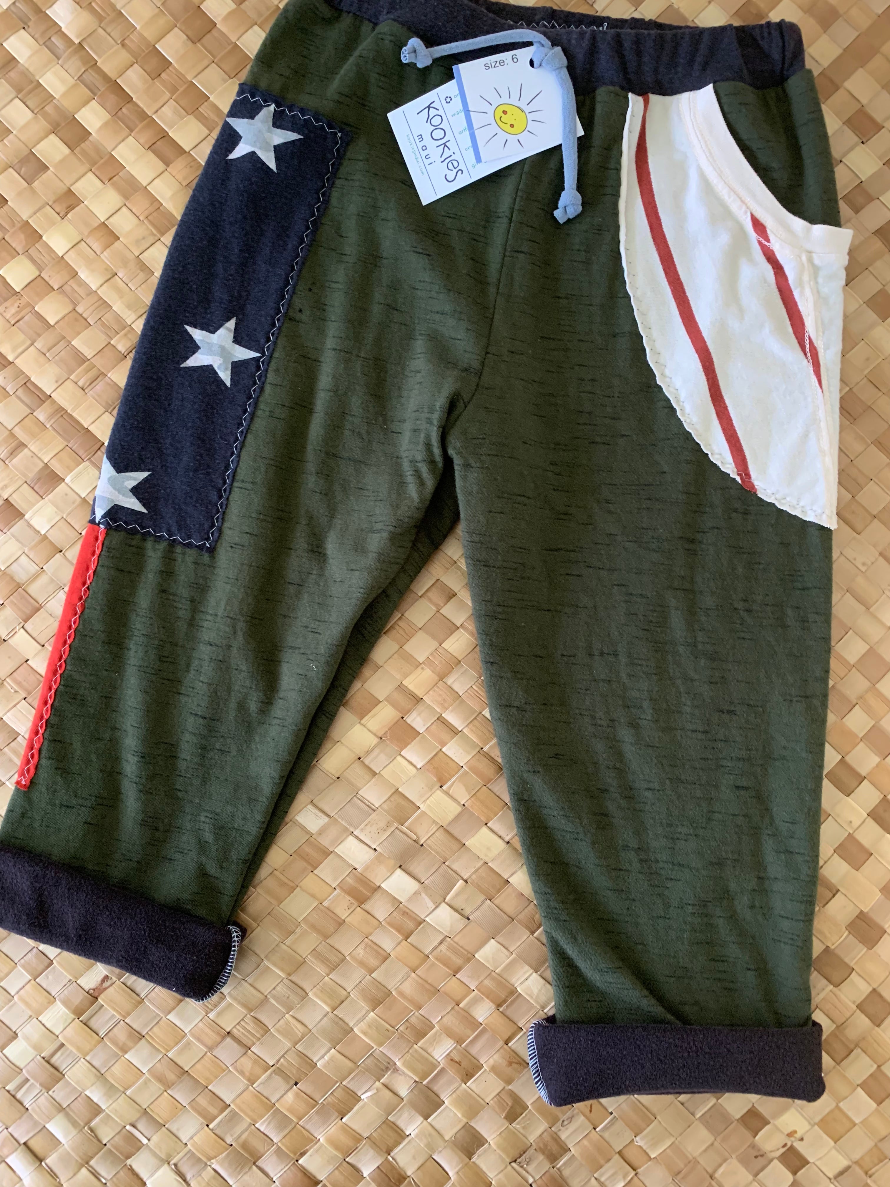 Kids Size 6 "Army Green Stars, Stripes & Color Blocks" Star Gazer Pants
