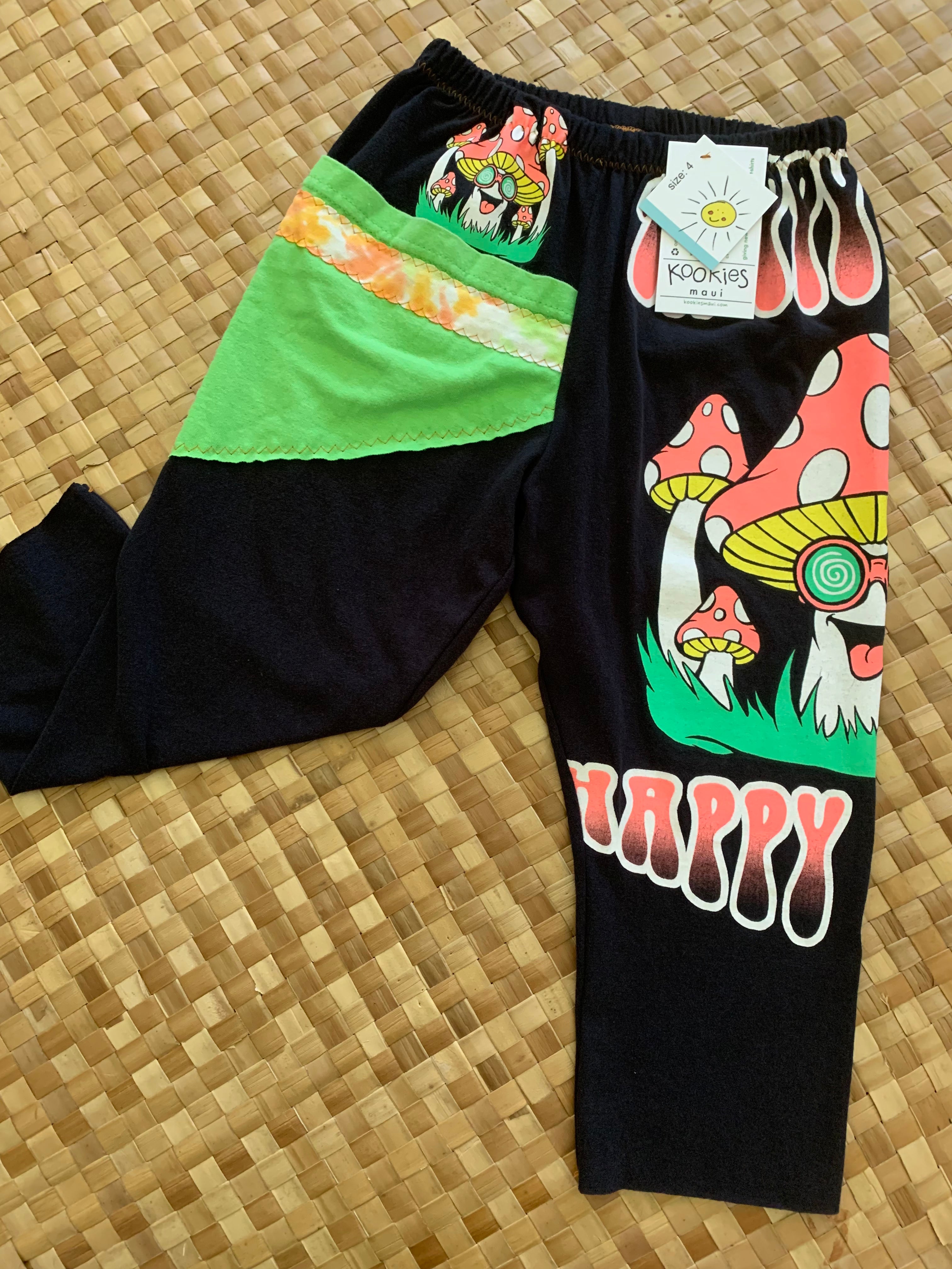 Kids Size 4 "Green & Black Trippy Vibes Mushrooms" ʻOpihi Picker Pants